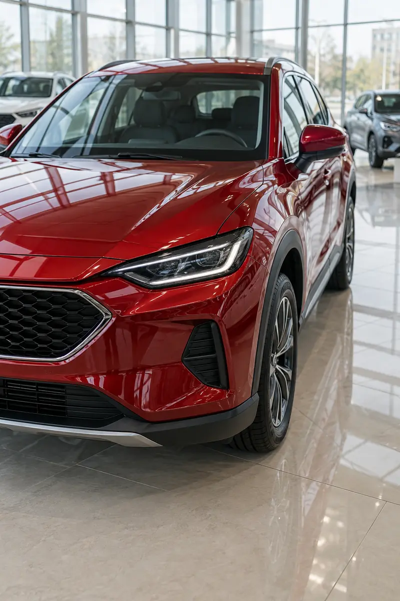 Красный автомобиль в светлом автосалоне